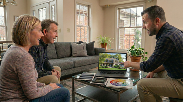 Sales consultant meeting with clients while presenting a final facade design